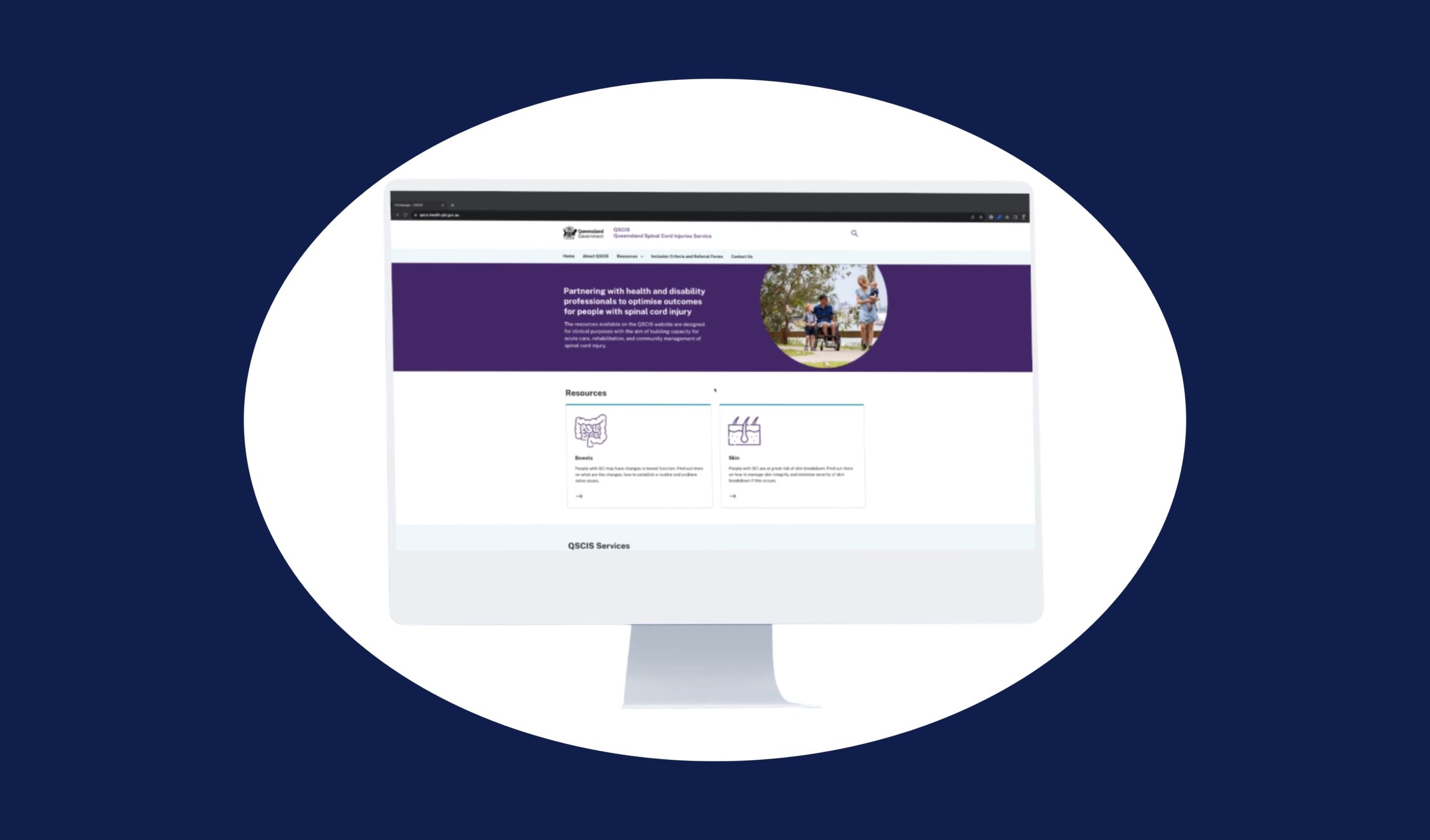 A white computer monitor displays the QSCIS website. The monitor is on a white oval shaped background.