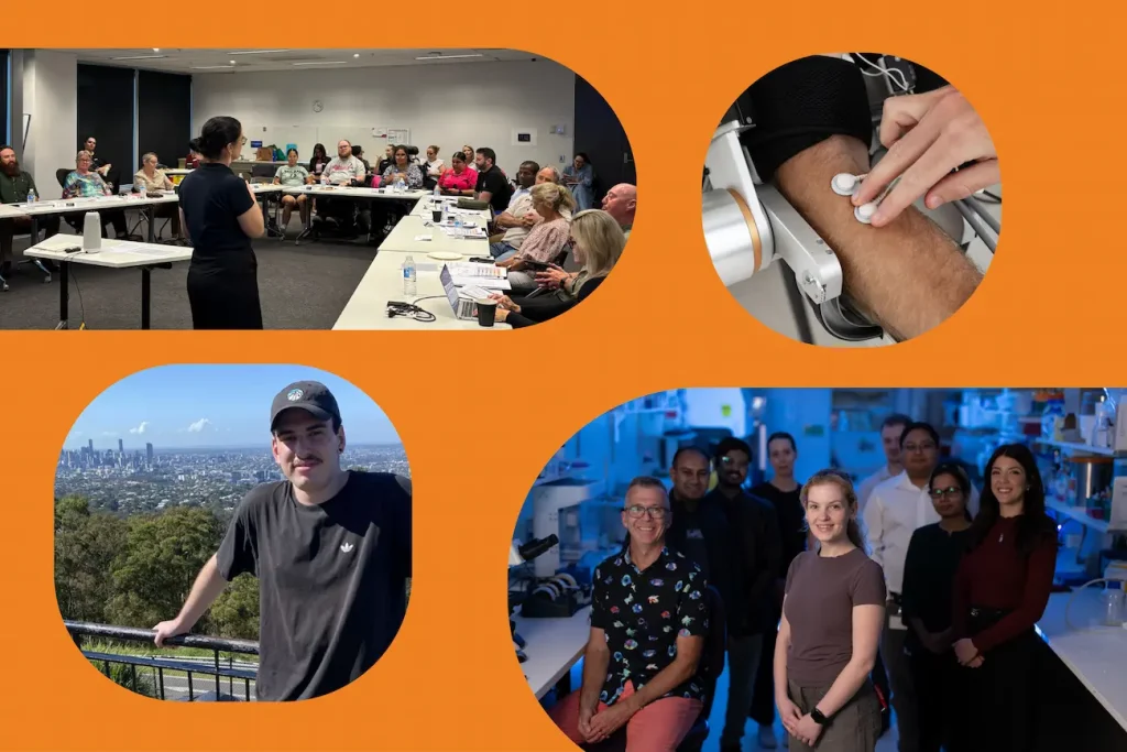 A collage of four rounded images on an orange background. Photos include a person presenting to an audience in a conference room, a close-up of a medical device attached to an arm, an individual posing outdoors with a cityscape background, and a group of people standing in a laboratory.
