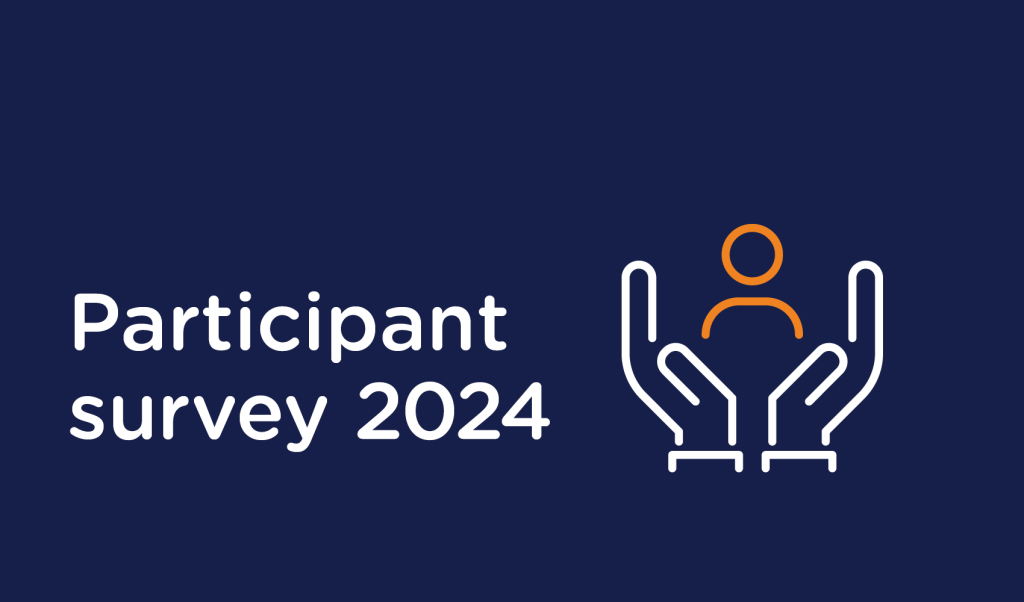 White text on a navy background. Text reads "Participant Survey 2024". Next to the text appears an abstract logo of two hands holding a person.