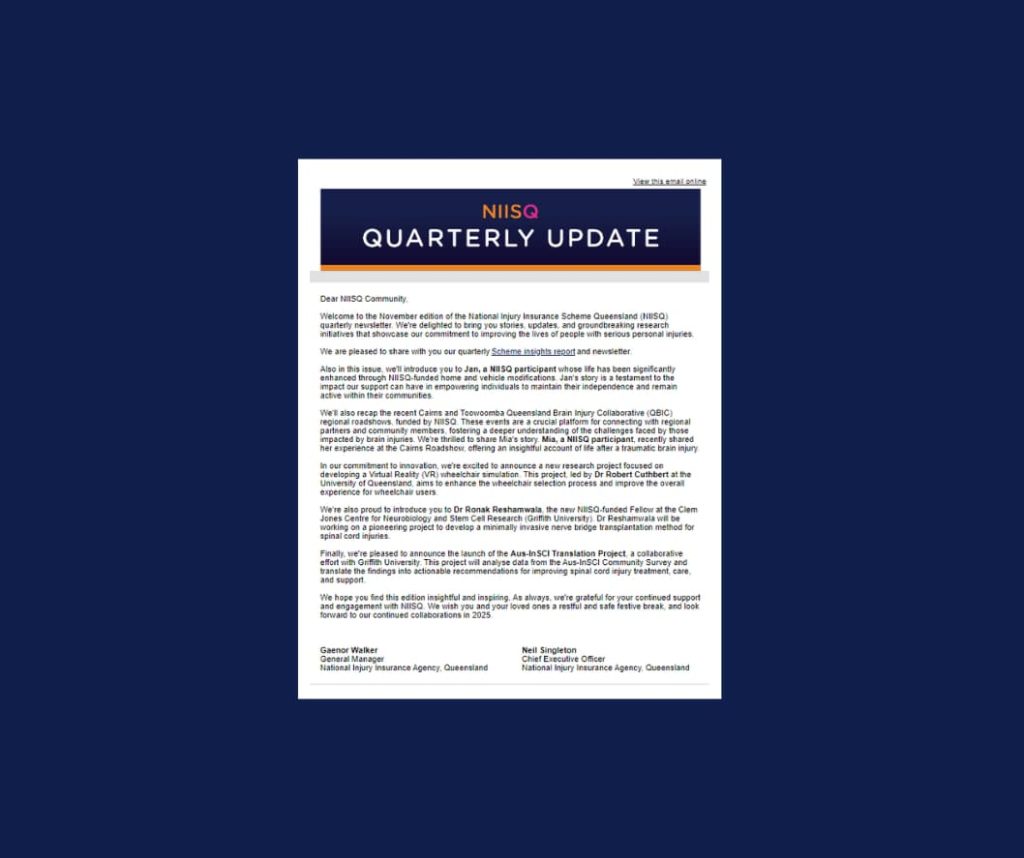 A newsletter with text titled “NIISQ Quarterly Update” is set against a navy background.