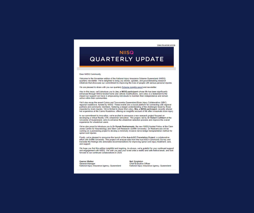A newsletter with text titled “NIISQ Quarterly Update” is set against a navy background.