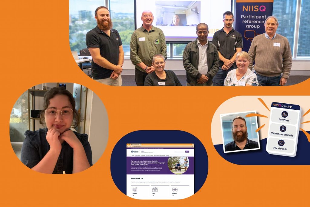 Round-shaped images including a smiling group of people, a smiling woman, a closeup of a website and a closeup of a mobile phone on an orange background.