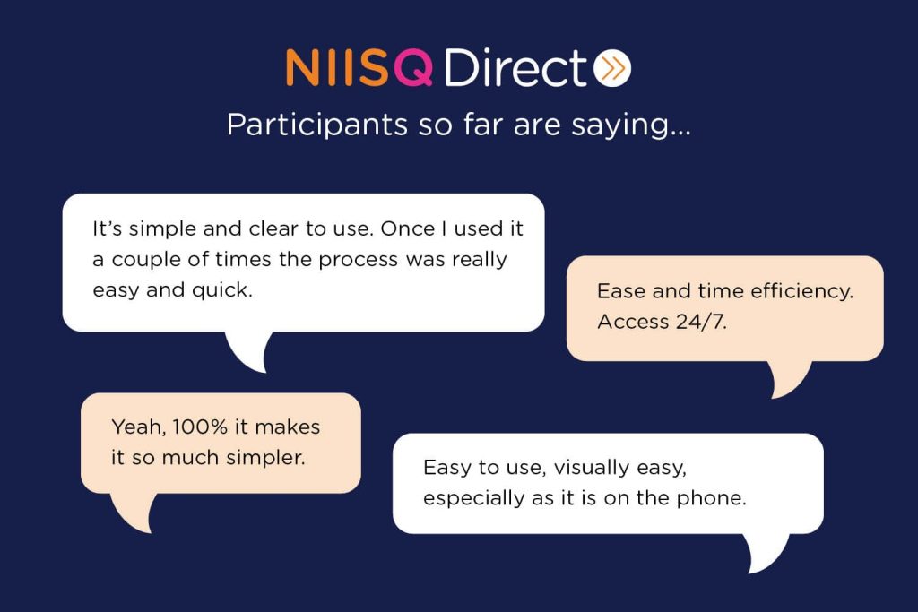 Text reading "NIISQ Direct Participants so far are saying...
- It's simple and clear to use. Once I used it a couple of times the process was really easy and quick.
- Ease and time efficiency. Access 24/7.
- Yeah, 100% it makes it so much simpler.
- Easy to use, visually easy, especially as it is on the phone.