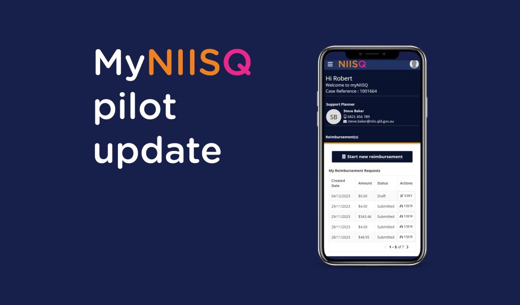 Screen cap of MyNIISQ app on mobile phone. Text that reads "MyNIISQ pilot update" on navy background.