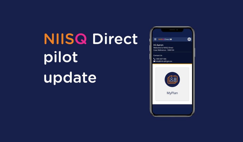 Navy background with text that reads “NIISQ Direct pilot update” next to a mobile phone displaying the “NIISQ Direct” portal.