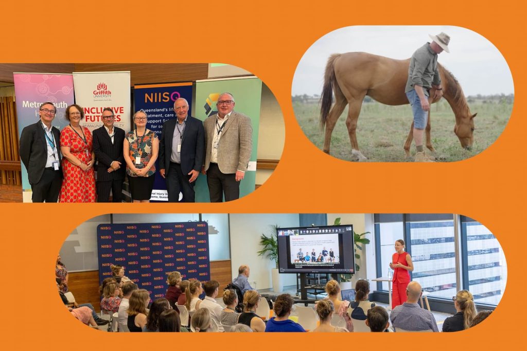 Navy text on an orange background that reads "Quarterly newsletter Feb 2025". Below are three images: a man patting a horse, men and women standing in front of banners and a woman standing in front of a room of seated people