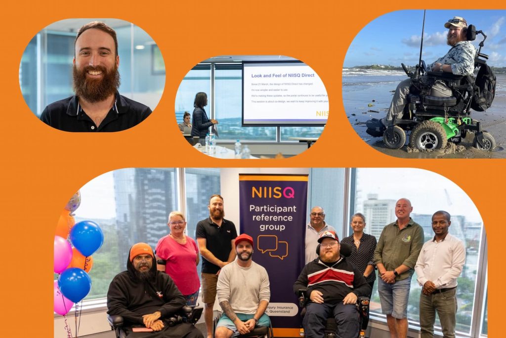 Rounded pictures cut out from an orange background. Pictures include a man with a beard smiling, a woman looking towards a presentation screen, a smiling man in a wheelchair on a beach, and a group of nine people, some in wheelchairs and some standing gathered around a banner that reads “NIISQ Participant reference group”.