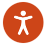 Orange circle with a white, abstract, person icon in centre. They are standing and legs and arms are outstretched