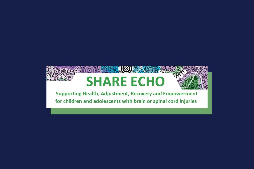 A textbox with green text on a white background that reads, “SHARE ECHO Supporting Health, Adjustment, Recovery and Empowerment for children and adolescents with brain or spinal cord injuries”. Above the text is dot painting artwork in white, purple, blue, green and black.