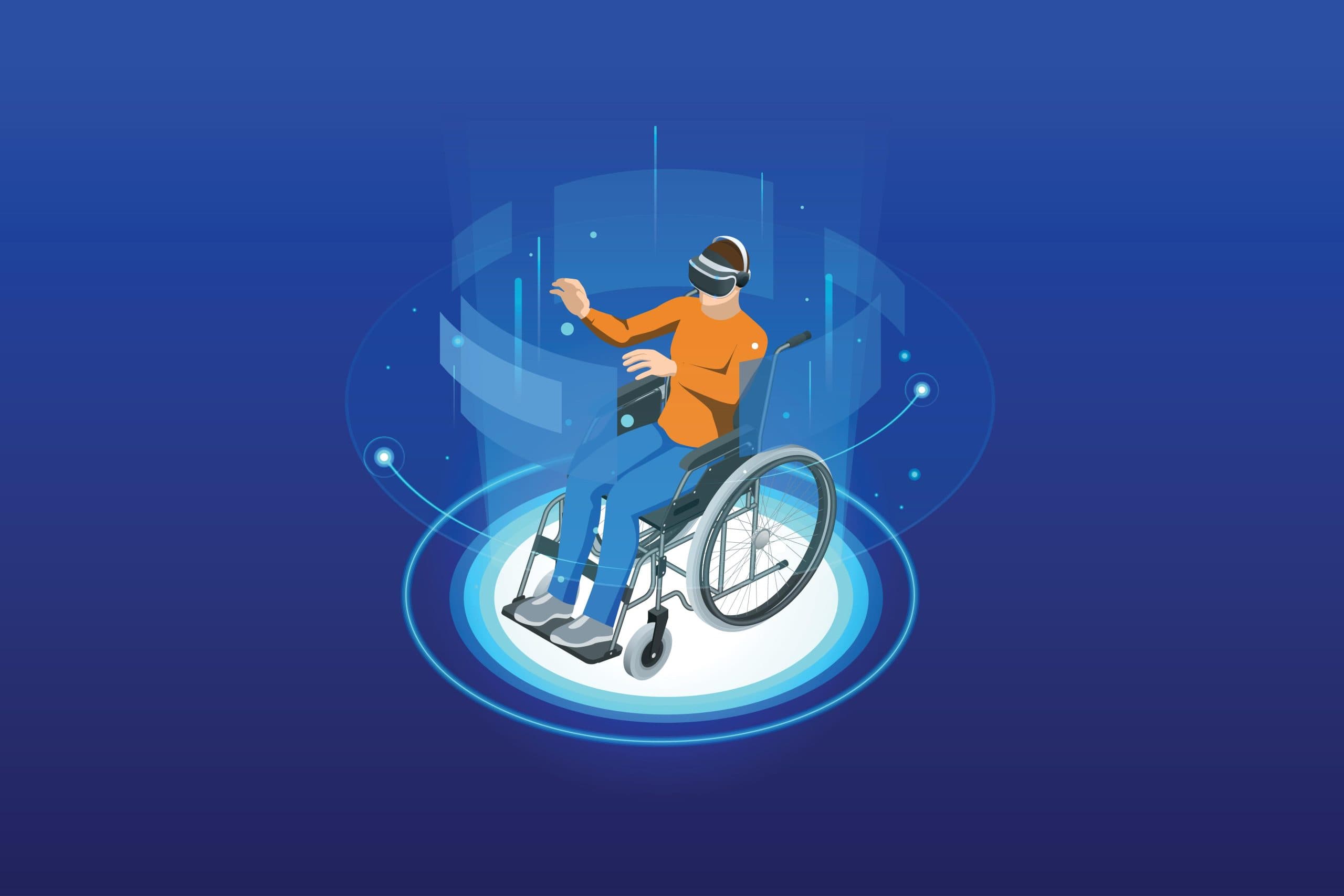An image of a dark blue background with a clipart image of a person in a wheelchair using a virtual reality headset and touching technology in the air .