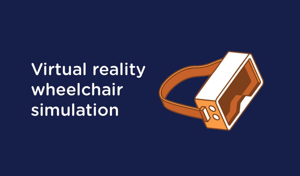 An orange and white graphic pair of VR glasses on a navy background. Text reads “Virtual reality wheelchair simulation”