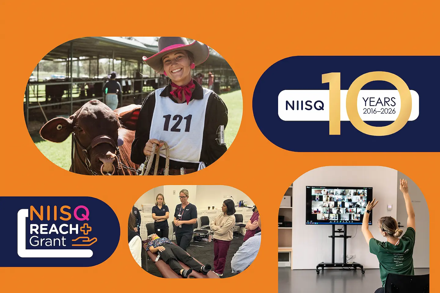 Rounded images on orange background including a smiling woman with a cow, text reading “NIISQ 10 years 2016-2026,” people standing around a CPR mannequin, a woman following along with ballet on a screen, text reading “NIISQ Reach Grant” with icon.